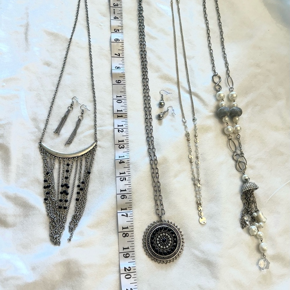 Silver Tone costume, 4 Necklaces and  2 Earring Sets